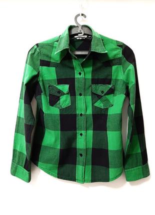 Topshop брендовая рубашка в клетку чёрная/зелёная длинные рукава хлопок на девочку 12-18лет 42-44-46
