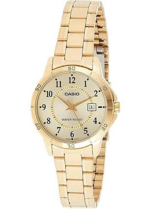 Женские часы casio lady classic ltp-v004g-9budf, серебрянные с золотым браслетом