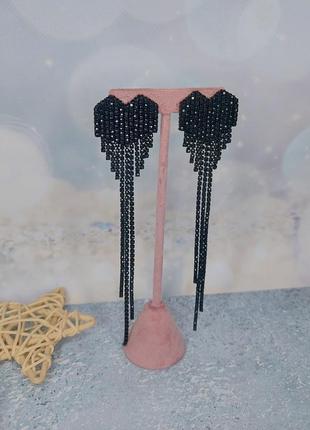 Длинные черные стразовые серьги сердца на клипсах ручной работы