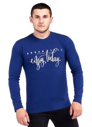 Лонгслив мужской футболка с длинным рукавом hector с надписью и принтом синий с круглым воротом