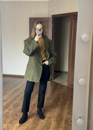 Стильный зеленый/хаки шерстяной пиджак в клетку  в полоску в стиле zara9 фото