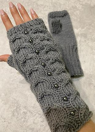 Перчатки варежки без пальцев серые митенки вязаные шерсть