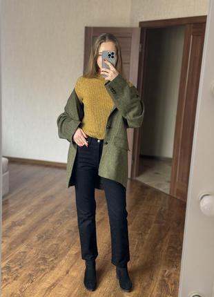 Стильный зеленый/хаки шерстяной пиджак в клетку в полоску в стиле zara