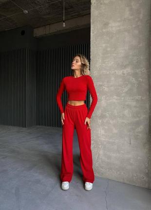 Стильный базовый красный костюм комплект в рубчик топ+штаны 20248 фото