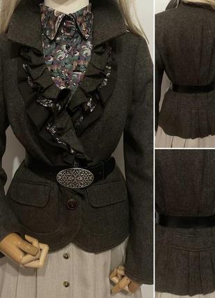 Винтажный теплый шерстяной с красивым воротничком рюшами эффектной спинкой пиджак жакет блейзер кардиган из шерсти бохо стиль