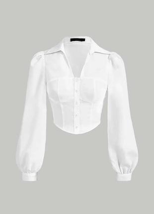 Рубашка классическая софт блуза длинная рубашка по фигуре облегающая прямая длинный рукав блуза объемные фонарики блузка корсет вырез коттон натуральная5 фото