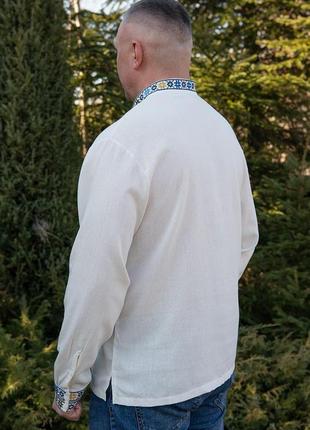 Вышиванка льняная мужская молочная, рубашка с синим орнаментом5 фото