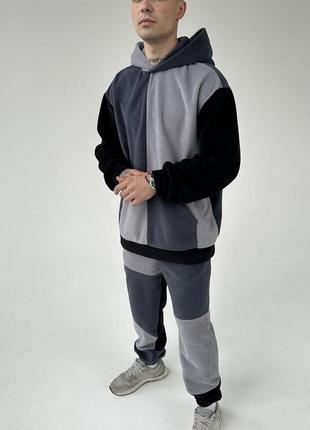 Мужской флисовый спортивный костюм комплект худи + штаны черный с серым3 фото