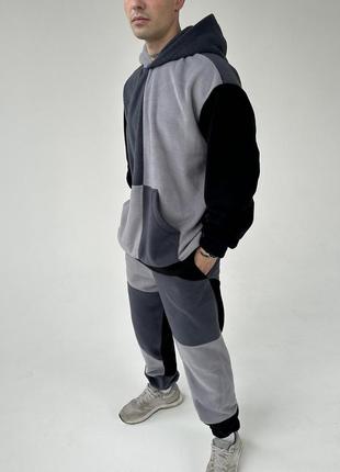 Мужской флисовый спортивный костюм комплект худи + штаны черный с серым4 фото