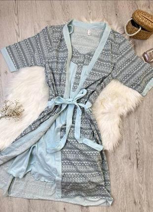 Бірюзовий натуральний домашній комплект халат і ночнушка s-xl
