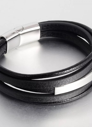 Мужской кожаный браслет плетеный, черный с серебряными вставками2 фото