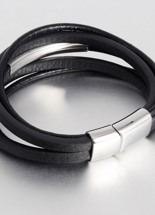 Мужской кожаный браслет плетеный, черный с серебряными вставками4 фото