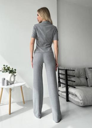 Костюм льняной - тройка: штаны палаццо, шорты и пиджак, женский костюм серый10 фото