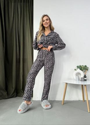 Стильная пижама леопард, леопардовая пижама рубашка и брюки, женская сильная пижама рубашка и брюки, пижамный комплект2 фото