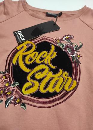 Бледный розовый свитшот с широкими рукавами клеш и необработанным краем с велюровыми бархатными вставками и принтом rock star4 фото