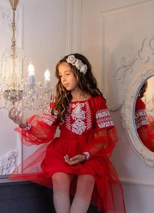 Платье вышиванка для девочки красная фатин1 фото
