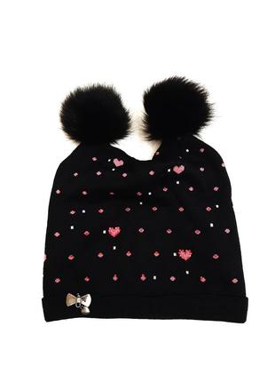 Шапка-кошка чёрная/розовые горошки сердечки, 2 помпона мех + подкладка флисовая женская р54-60
