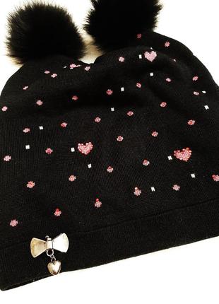 Шапка-кішка чорна/рожеві горошки серця, 2 помпони мех + підкладка флісова жіноча размер 54-605 фото