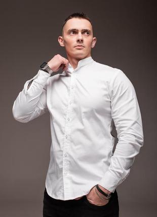 Белая мужская рубашка casual воротничок - стойка6 фото