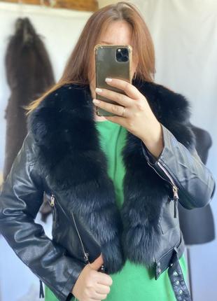 Ідеальна для весни 🌿 жіноча демісезонна косуха рептилія, шкіряна куртка з натуральним фінським хутром, 50 см, 42-46 розміри6 фото