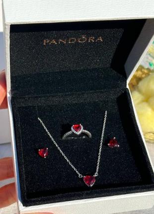 Серебряный подарочный набор украшений пандора красное сердце кольца серьги ожерелье1 фото