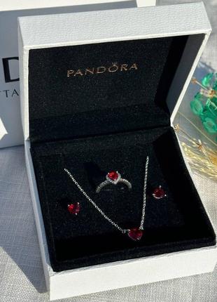 Серебряный подарочный набор украшений пандора красное сердце кольца серьги ожерелье2 фото