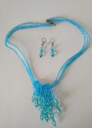 Набор комплект бусы бусики ожерелье колье и серьги сережки кульчики голубые бисер6 фото