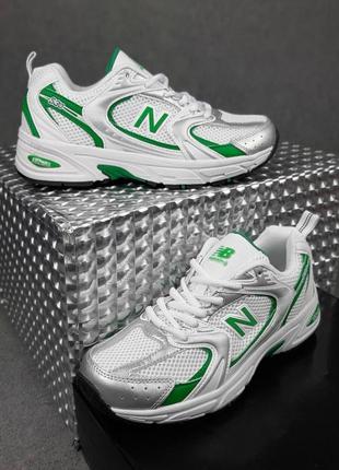 Женские кроссовки new balance 530 white silver green белого с зеленым и серебристым цветами