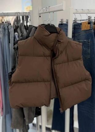 Жилетка жіноча укорочена з плащівки s/m/l/xl бежева, молочна, шоколад (коричнева), графіт темно-сіра