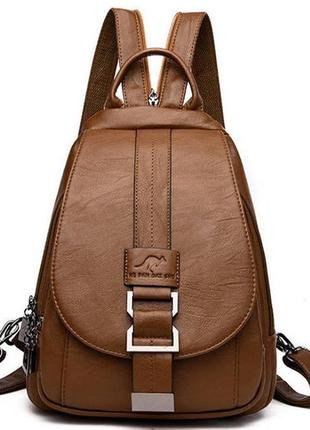 Женский рюкзак-сумка из кенгуру, женская минибана рюкзак на плечо эко кожа коричневый1 фото
