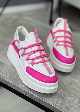 Шкіряні кеди фуксія лайм з натуральної шкіри кроси кросівки