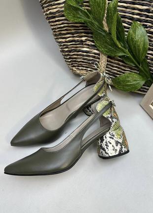 Дизайнерські оливкові туфлі jolly натуральна шкіра та пітон 35-41
