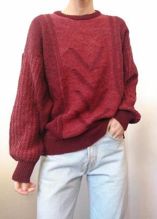 Шерстяной свитер винтаж джемпер бордовый пуловер реглан лонгслив кофта мохер свитер с объемными рукавами свитер оверсайз джемпер