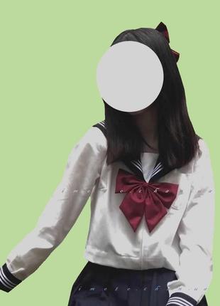 Форма школьная японская длинный рукав оригинальная белая черная с красным бантиком аниме косплей6 фото