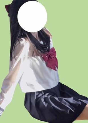 Форма школьная японская длинный рукав оригинальная белая черная с красным бантиком аниме косплей7 фото