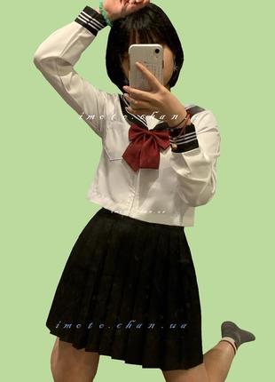 Форма школьная японская длинный рукав оригинальная белая черная с красным бантиком аниме косплей10 фото