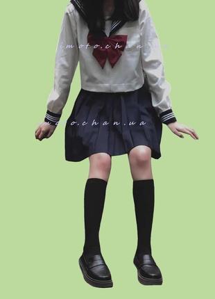 Форма школьная японская длинный рукав оригинальная белая черная с красным бантиком аниме косплей8 фото