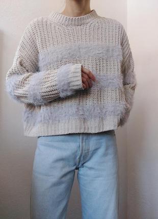Молочний светр оверсайз джемпер пуловер реглан лонгслів кофта з хутром светр вкорочений джемпер3 фото