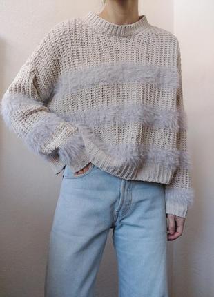 Молочний светр оверсайз джемпер пуловер реглан лонгслів кофта з хутром светр вкорочений джемпер1 фото