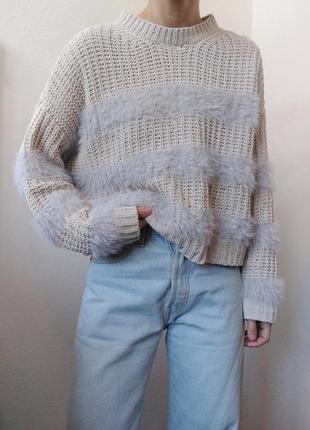 Молочний светр оверсайз джемпер пуловер реглан лонгслів кофта з хутром светр вкорочений джемпер6 фото
