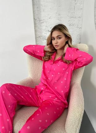 Cristel 129 розовая шелковая пижама сердечки рубашка штаны