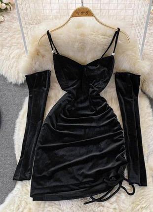 Романтична сукня чорна велюрова з рукавами6 фото