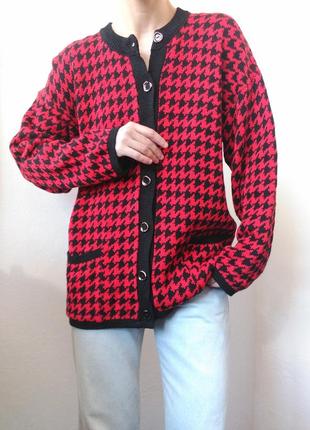 Красный кардиган в гусиную лапку винтажный свитер хлопок джемпер пуловер реглан лонгслив кофта гусик
