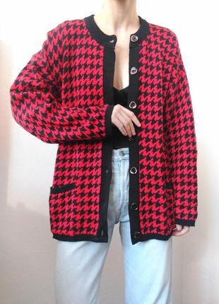 Красный кардиган в гусиную лапку винтажный свитер хлопок джемпер пуловер реглан лонгслив кофта гусик3 фото