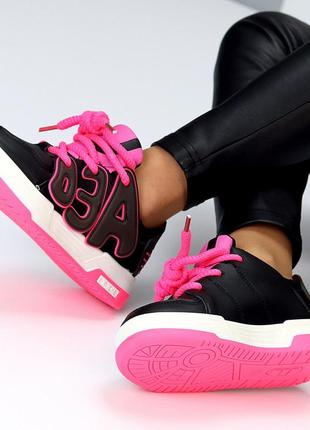 Яскраві молодіжні жіночі кросівки, масивні кеді, неонові чорні з рожевим, новинка 2024 року2 фото