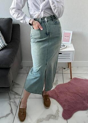 Юбка длинная джинсовая голубая с разрезом