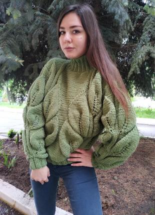 Женский вязаный свитер листья объёмный листями оверсайз ручная работа1 фото