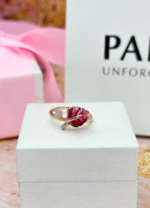 Серебряное кольцо pandora rose „розовые листья“4 фото