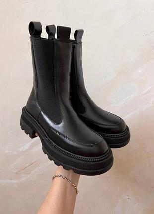 Натуральные кожаные демисезонные топовые черные ботинки - челси