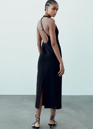 Элегантное черное платье с открытой спинкой и стразами от zara, размер m-s